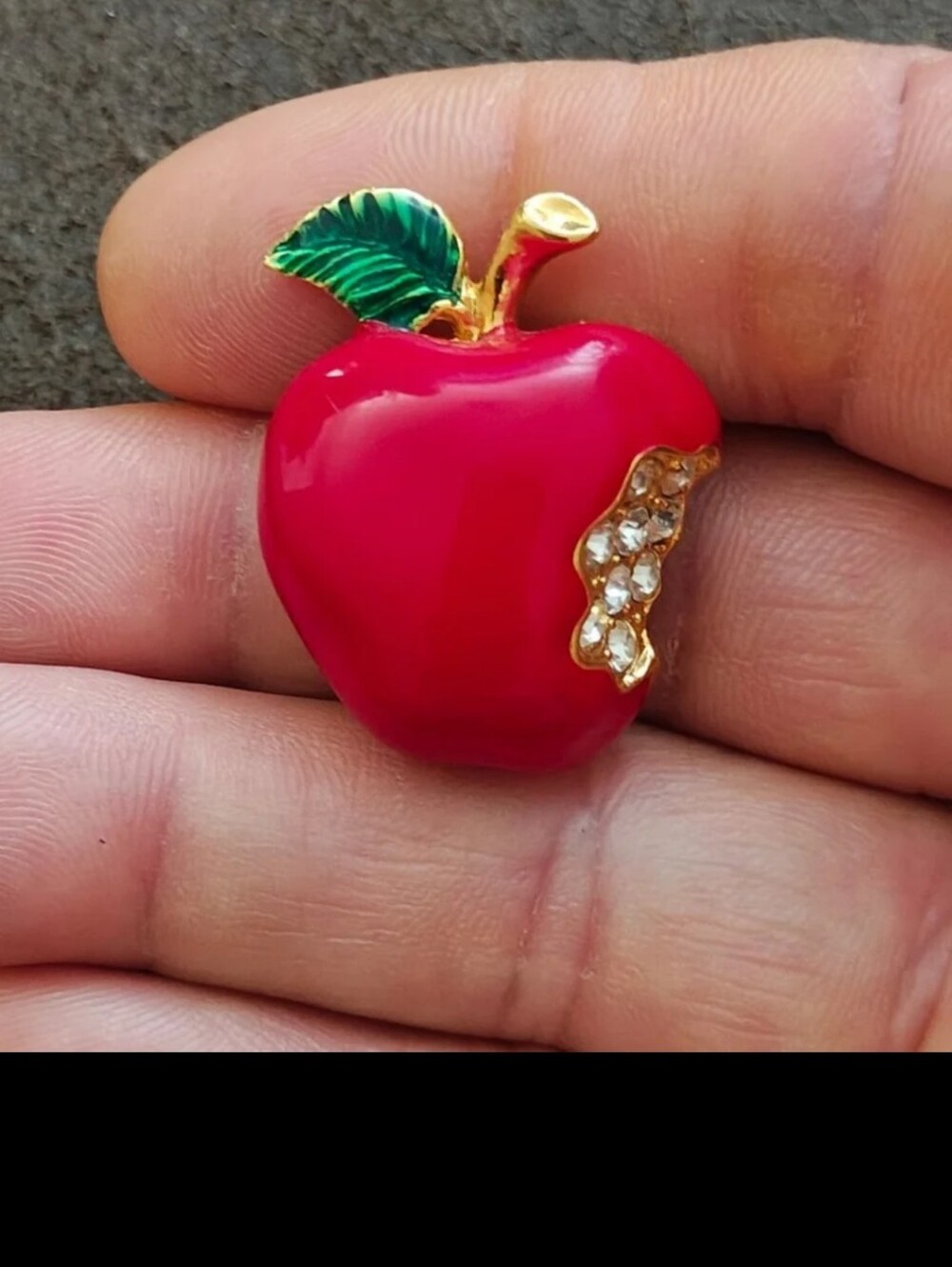 1990s Gold Tone Red & Green Enamel & Rhinestone Bitten Apple Brooch Pin